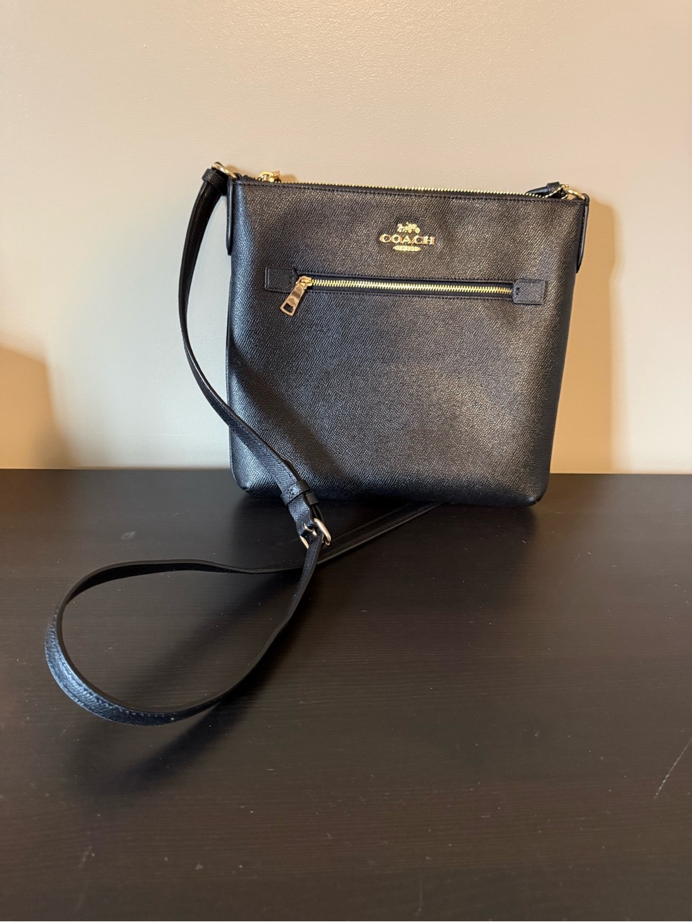 Coach Black Leather Crossbody with Gold-Tone Accent